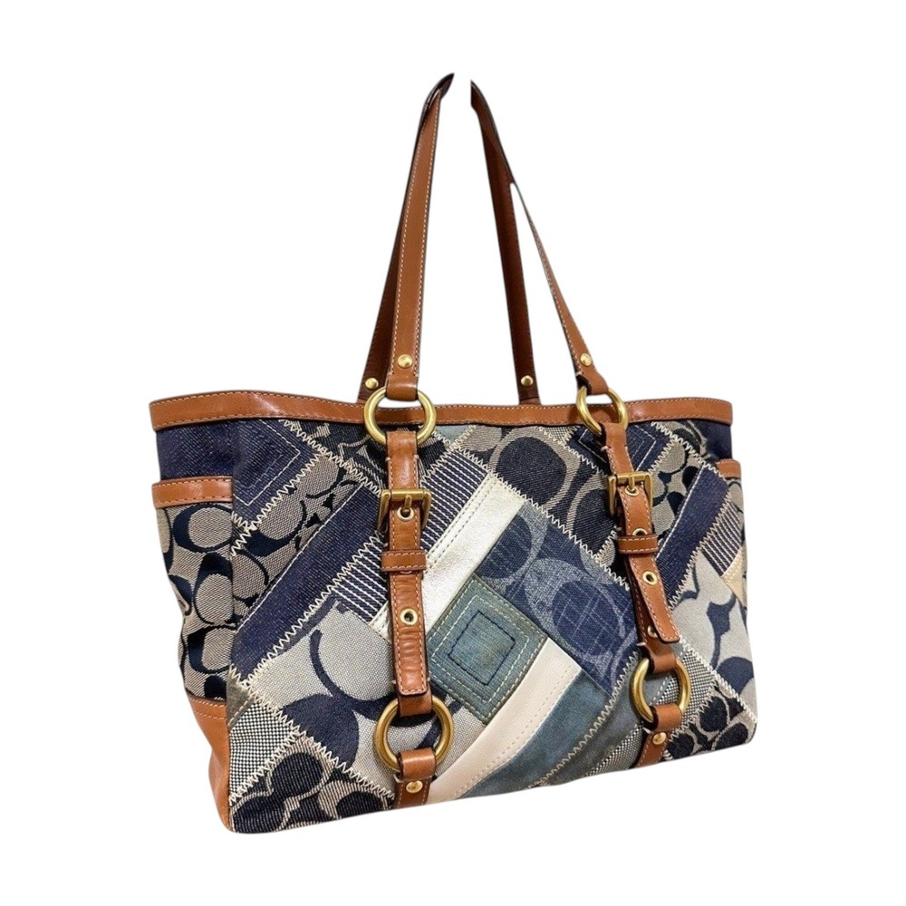 Coach Signature Denim Patchwork Gallery Tote Blue Brown Y2K 12217 - Picture 2 of 8